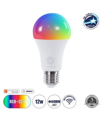 GLOBOSTAR® SMARTME 60490 Λάμπα E27 A60 Smart Home WiFi με Λειτουργία μέσω Tuya APP LED 12W 1200lm 260° AC 220-240V IP20 Πολύχρωμο RGBW+WW Dimmable - Bridgelux Chip - Μ6 x Π6 x Υ12cm - 3 Χρόνια Εγγύηση